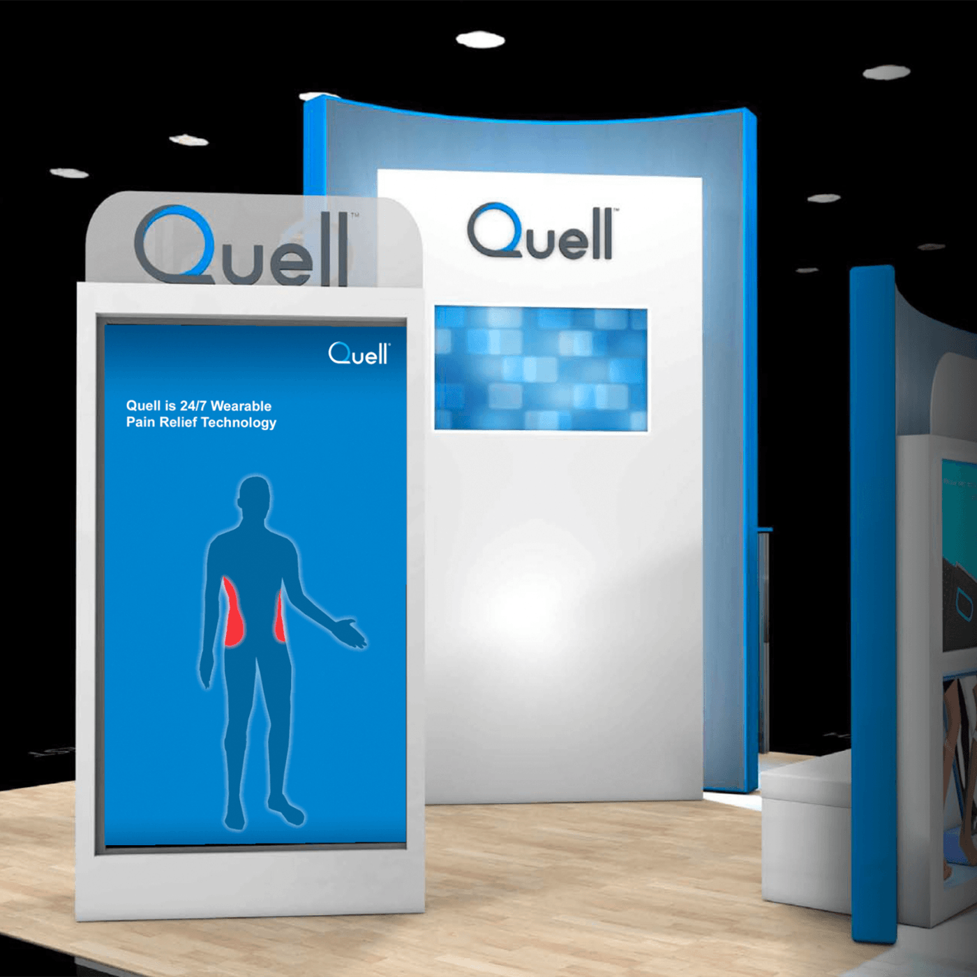 A render of a trade show booth focusing on the 90″ screen featuring the Quell Interactive. The screen shows a freeze frame of the silhouette with red highlighted areas.