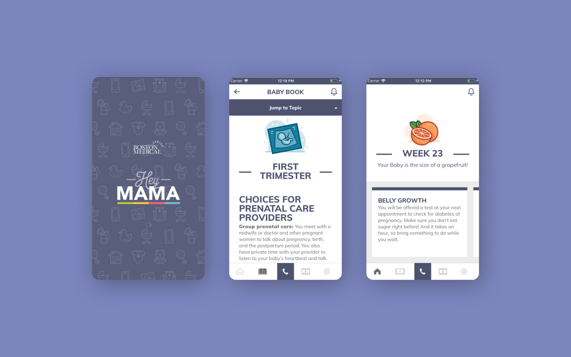 A series of screens from the "Hey Mama" app: the loading screen, the Baby Book, and the home screen. The home screen includes information for the current week of pregnancy. The Baby Book includes more in depth information on multiple topics.
