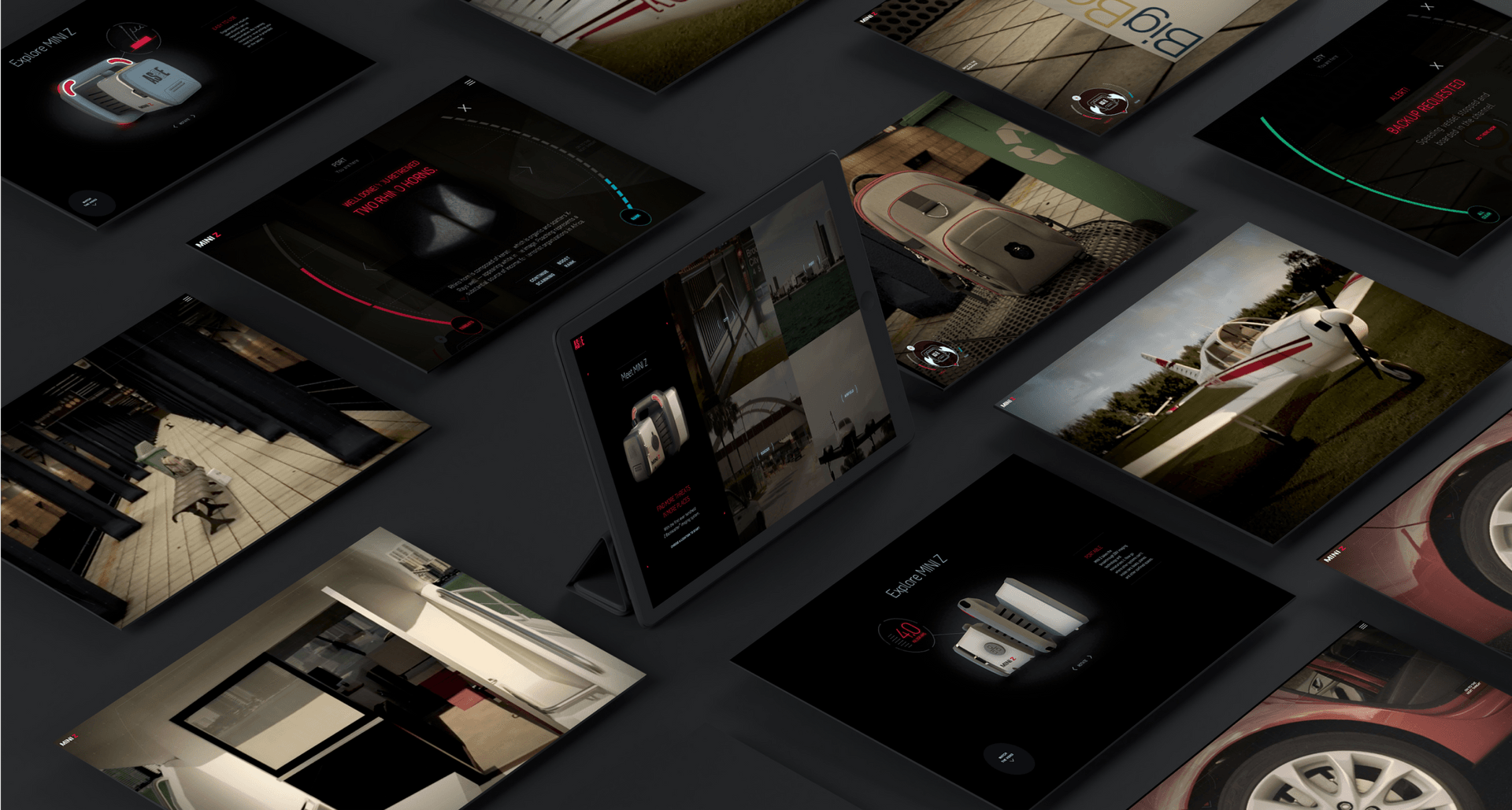 An array of screenshots displaying aspects of the "Explore Mini Z" website, including 3D product rendering and scenes from the gamified threat scanning experience