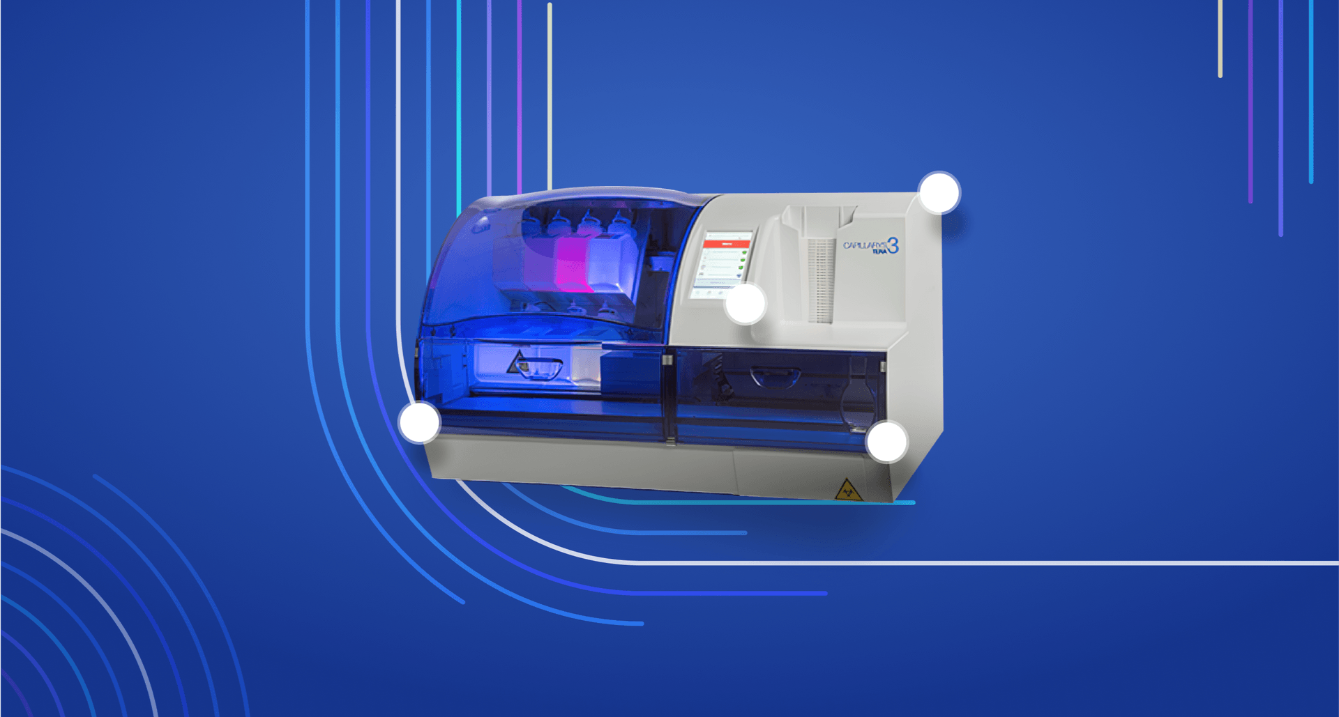 A model of the Sebia Capillarys 3 Tera, a white and blue lab machine with glowing compartments, on a blue background. There are a number of white circles representing touch points on the model.