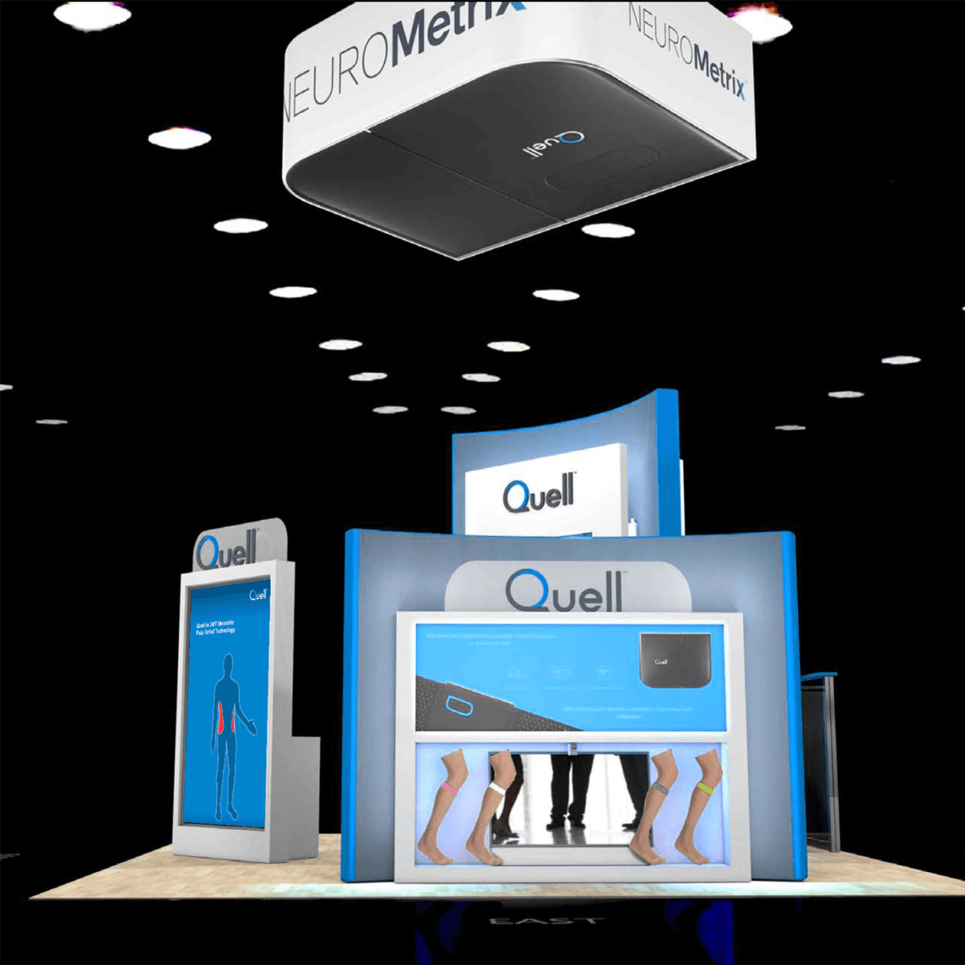 A render of a trade show booth for Neurometrix's Quell technology showing multiple large displays, including the 90″ screen of the Kinect driven interactive.