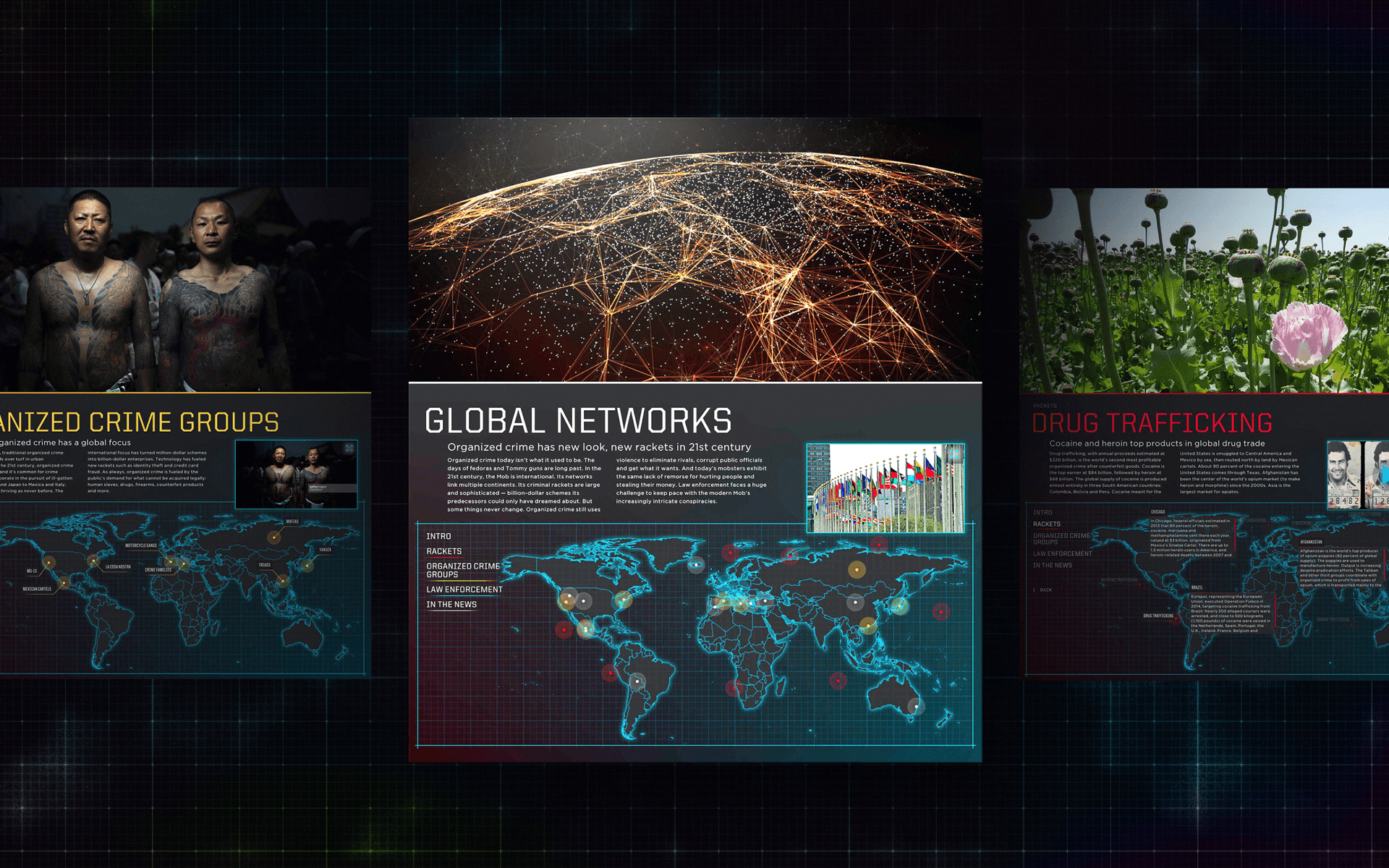 A row of 3 images displaying content used in the Mob Museum video wall. Each screen layout has a large graphic occupying the upper third, with informative text and a related world map below. The screens are labeled Organized Crime Groups, Global Networks, and Drug Trafficking.